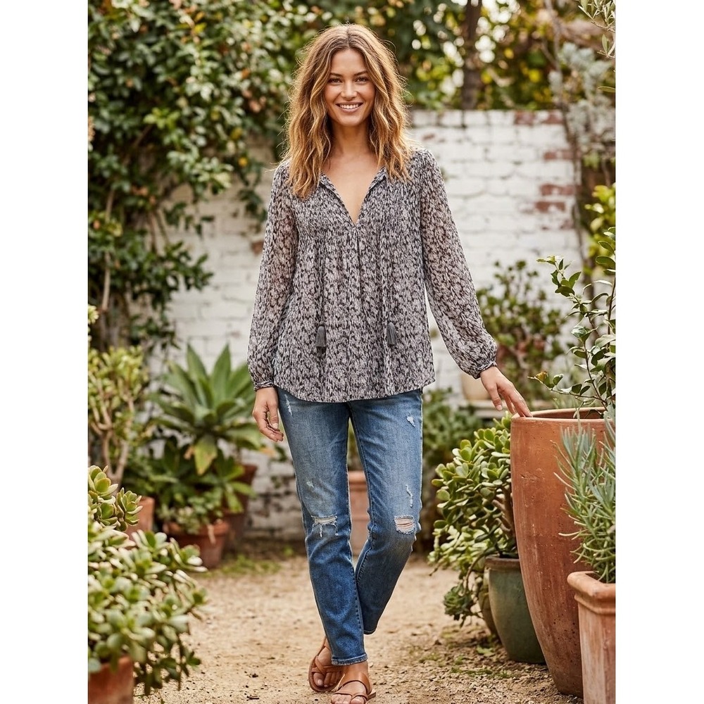 Joie Silk Tassel V-Neck Blouse Gray Black Abstract Print XS 3768-T2885